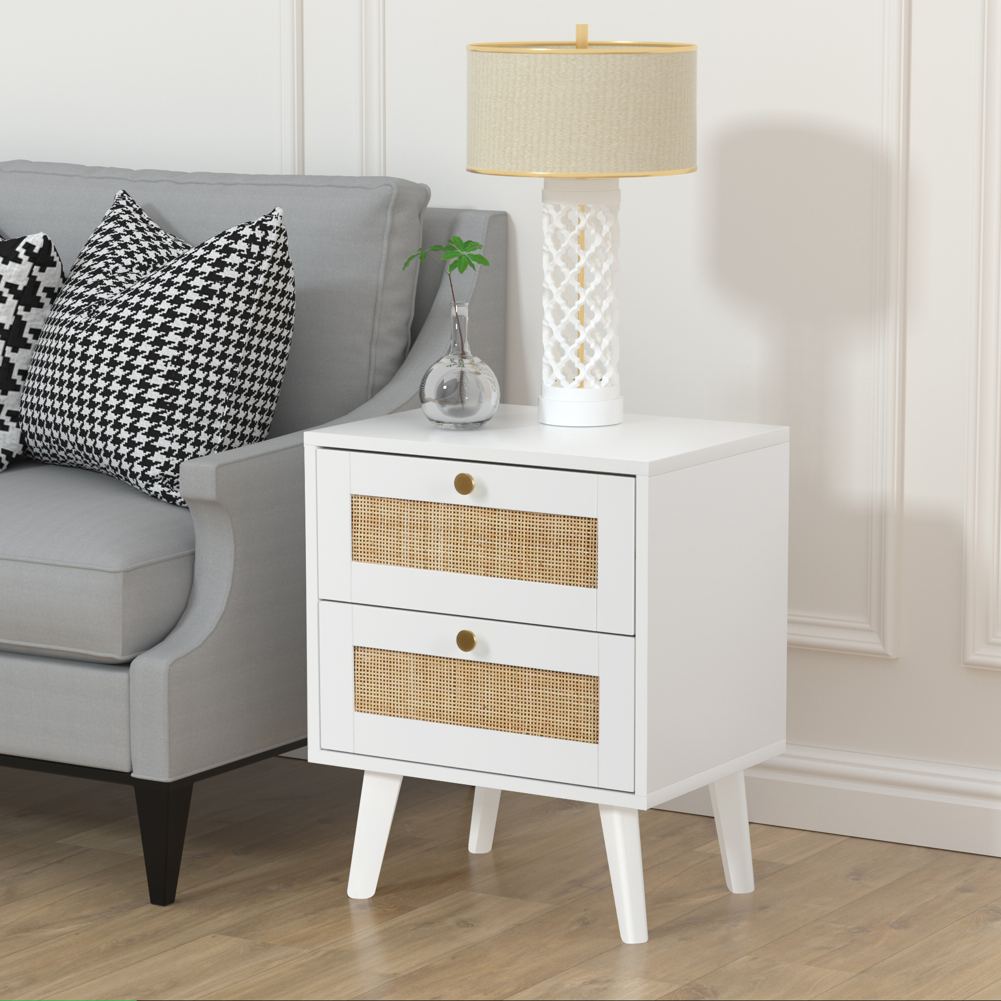 Anmytek White Nightstand, Farmhouse Rattan Nightstand Wood Bedside Table with 2 Drawers Mid Century Modern Nightstand End Table for Living Room Dorm