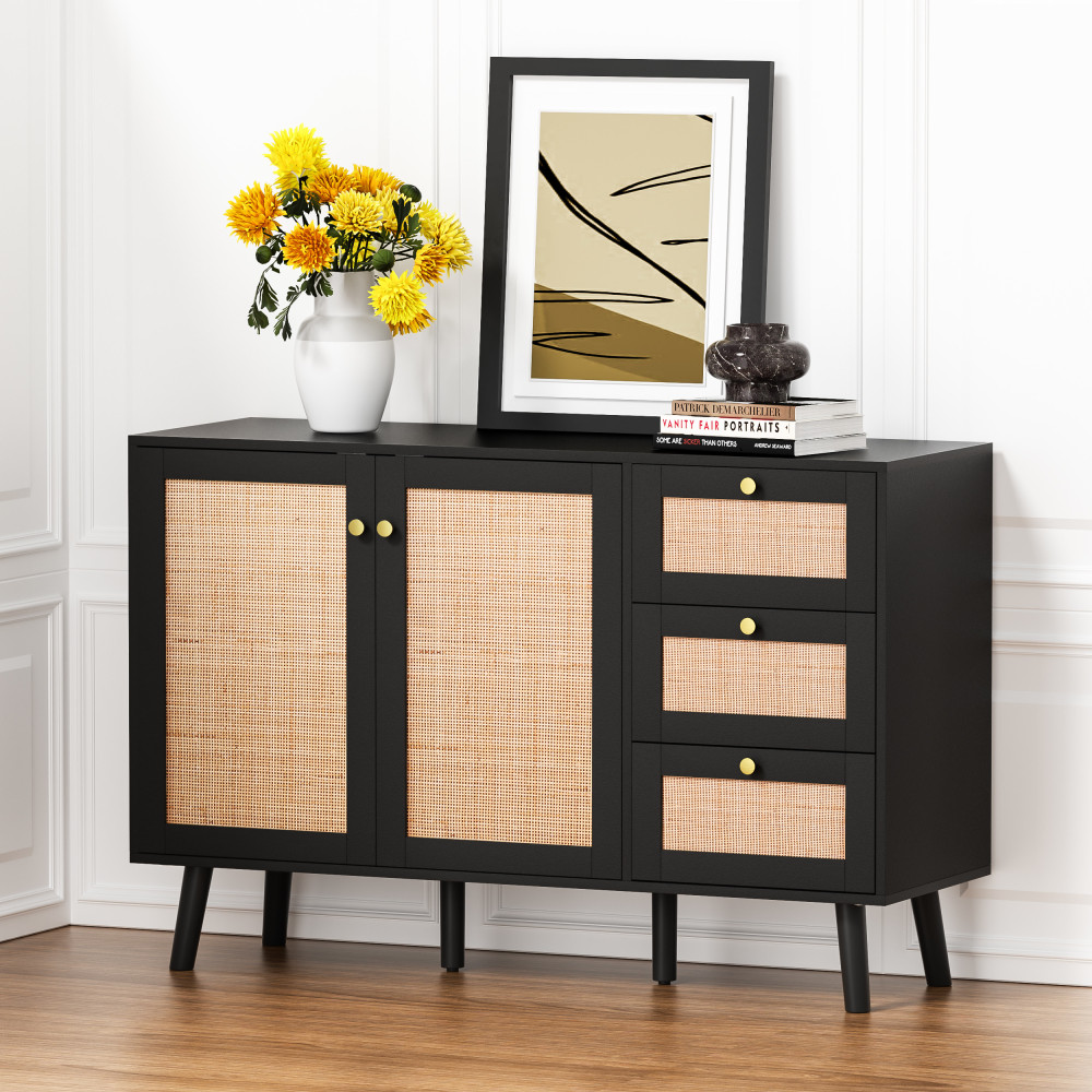Anmytek Rattan Storage Cabinet, White Sideboard Buffet Cabinet with 2 Doors and 3 Drawers, Sideboard with Storage Wood Credenza Cabinet for Living Room Dining Room Hallway Kitchen