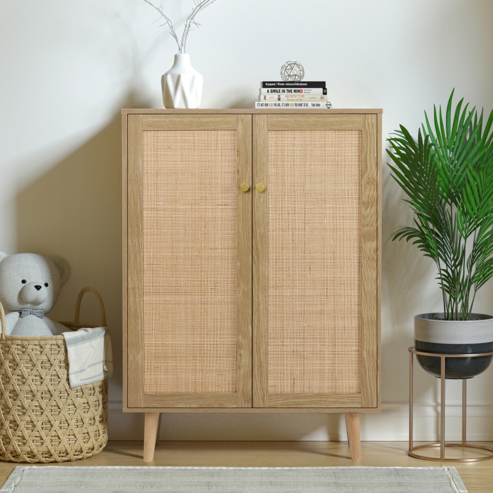 Anmytek Rattan Cabinet,Tall Sideboard Storage Cabinet with Crafted Rattan Front, Entry Cabinet Wood 2 Door Accent Cabinet with Adjustable Shelves