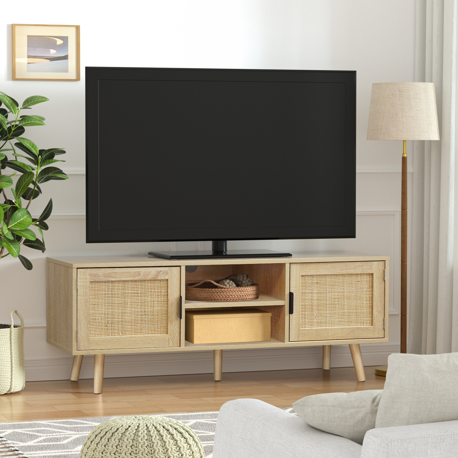 Anmytek Farmhouse Rattan TV Stand Modern Wood Media Entertainment Center Console Table for TVs up to 55 Inches with 2 Doors and 2 Open Shelves, Natural Oak