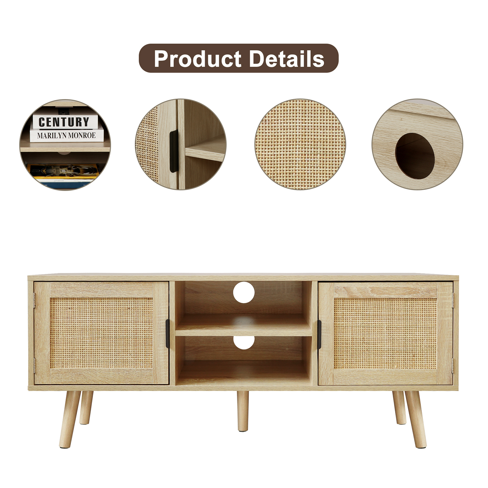 Anmytek Farmhouse Rattan TV Stand Modern Wood Media Entertainment Center Console Table for TVs up to 55 Inches with 2 Doors and 2 Open Shelves, Natural Oak