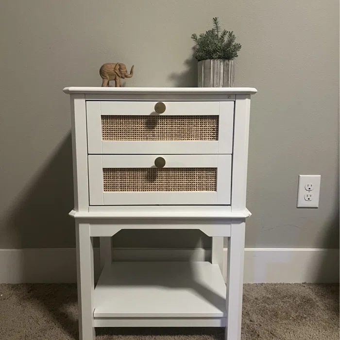 Anmytek Farmhouse Night Stand, Wood Bedside Table with 2 Drawers, Natural Rattan Nightstand, White End Side Table, Night Stand Cabinet for Living Room Bedroom