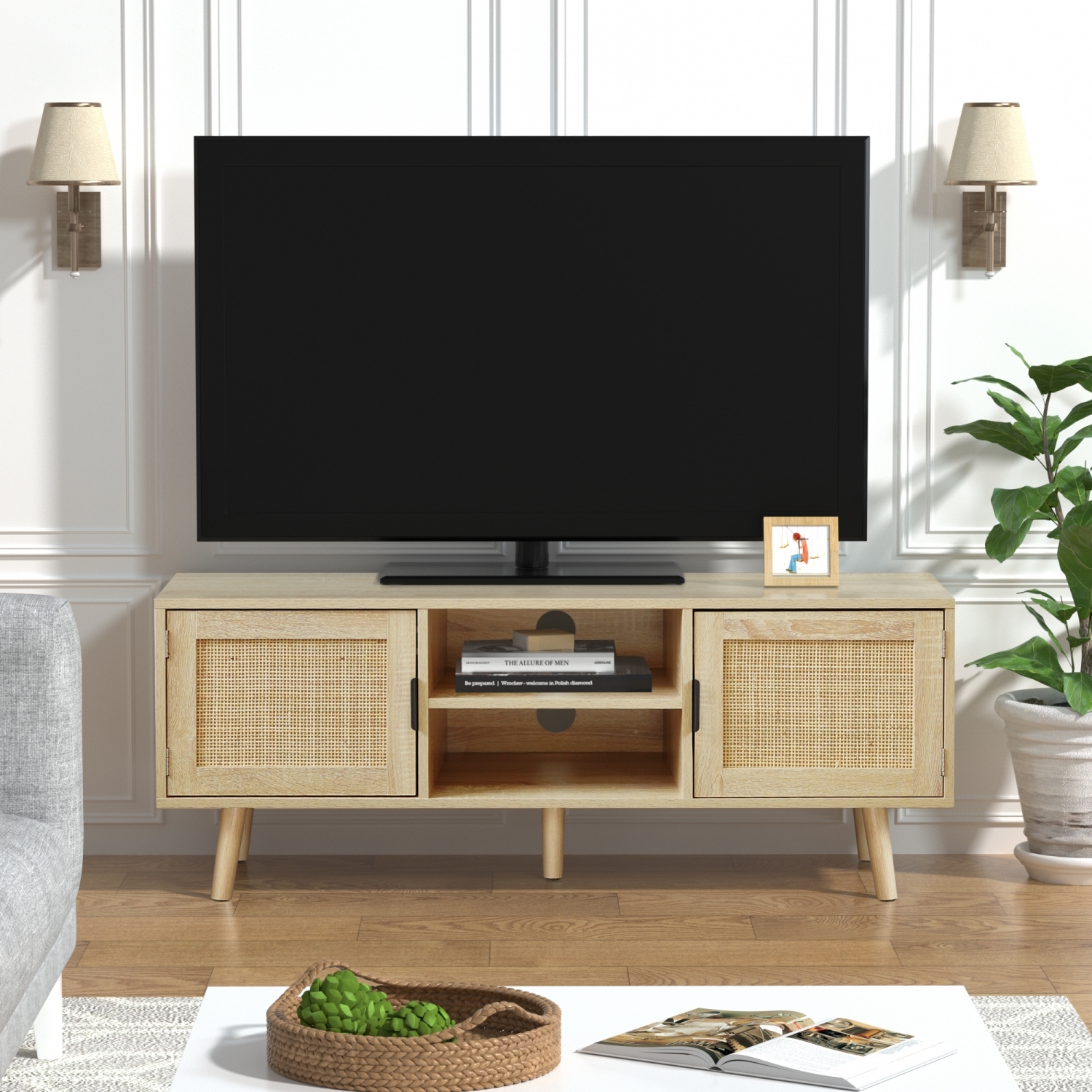 Anmytek Farmhouse Rattan TV Stand Modern Wood Media Entertainment Center Console Table for TVs up to 55 Inches with 2 Doors and 2 Open Shelves, Natural Oak