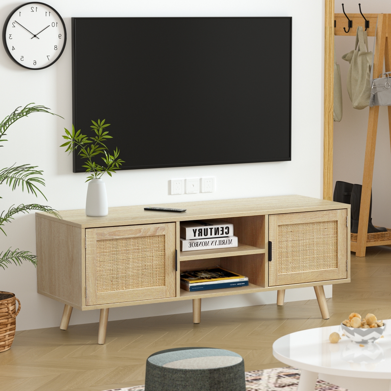 Anmytek Farmhouse Rattan TV Stand Modern Wood Media Entertainment Center Console Table for TVs up to 55 Inches with 2 Doors and 2 Open Shelves, Natural Oak
