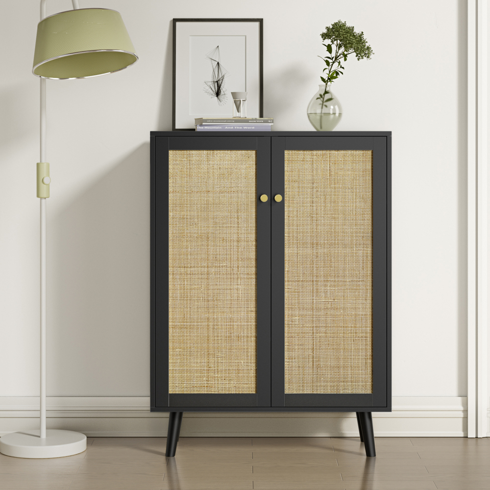 Anmytek Rattan Storage Cabinet with 2 Door and Adjustable Shelves