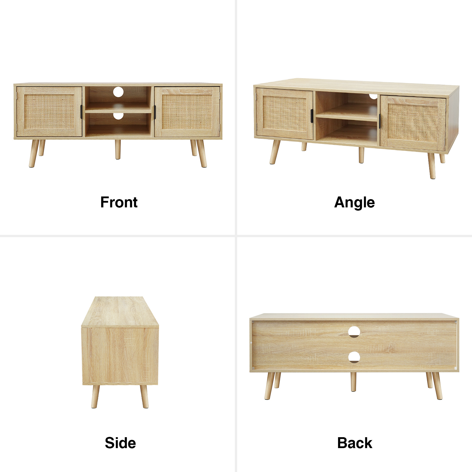 Anmytek Farmhouse Rattan TV Stand Modern Wood Media Entertainment Center Console Table for TVs up to 55 Inches with 2 Doors and 2 Open Shelves, Natural Oak