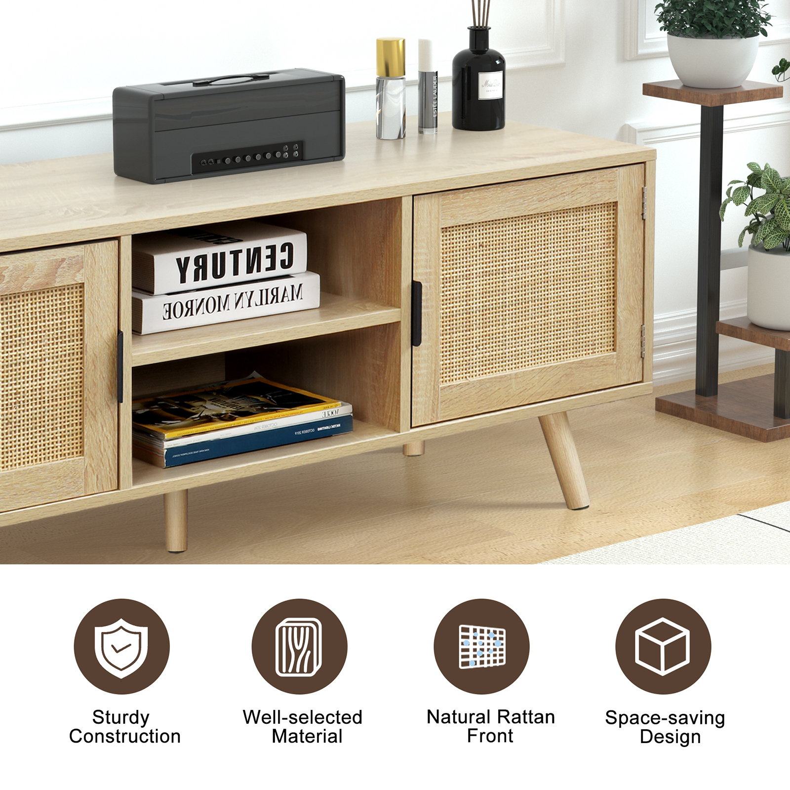 Anmytek Farmhouse Rattan TV Stand Modern Wood Media Entertainment Center Console Table for TVs up to 55 Inches with 2 Doors and 2 Open Shelves, Natural Oak
