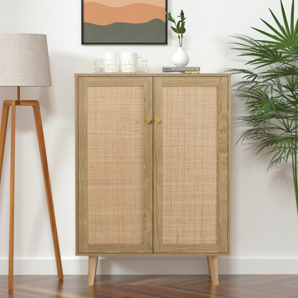 Anmytek Rattan Cabinet,Tall Sideboard Storage Cabinet with Crafted Rattan Front, Entry Cabinet Wood 2 Door Accent Cabinet with Adjustable Shelves