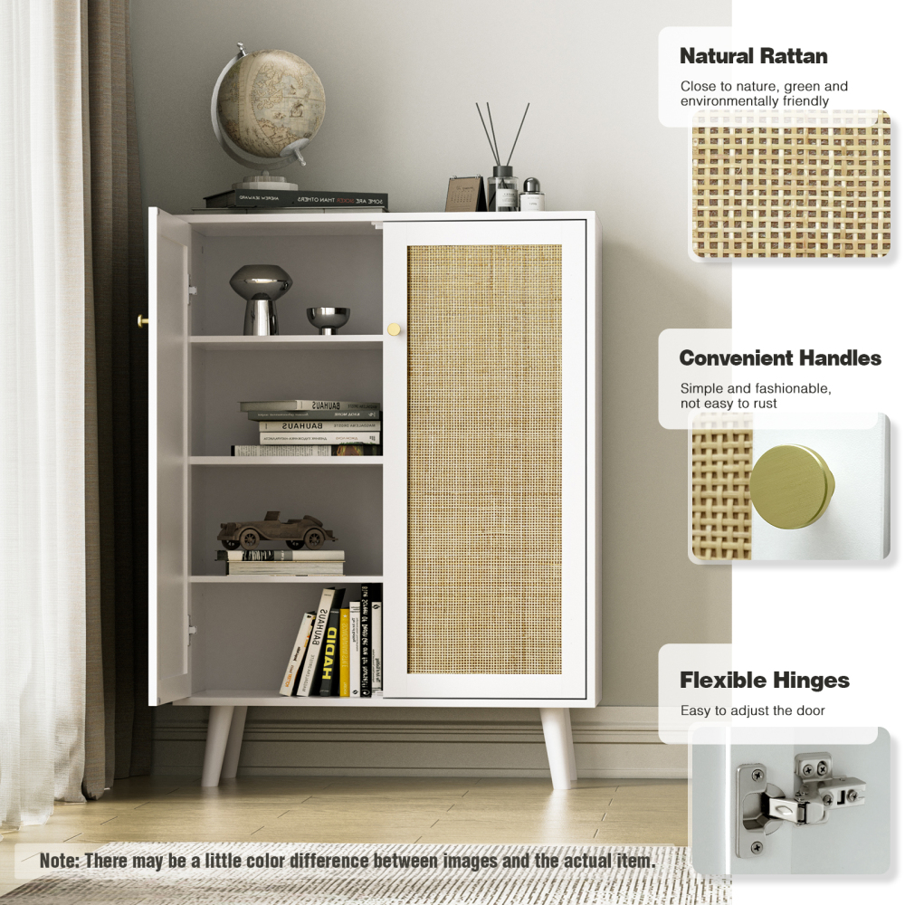 Anmytek Rattan Cabinet,Tall Sideboard Storage Cabinet with Crafted Rattan Front, Entry Cabinet Wood 2 Door Accent Cabinet with Adjustable Shelves