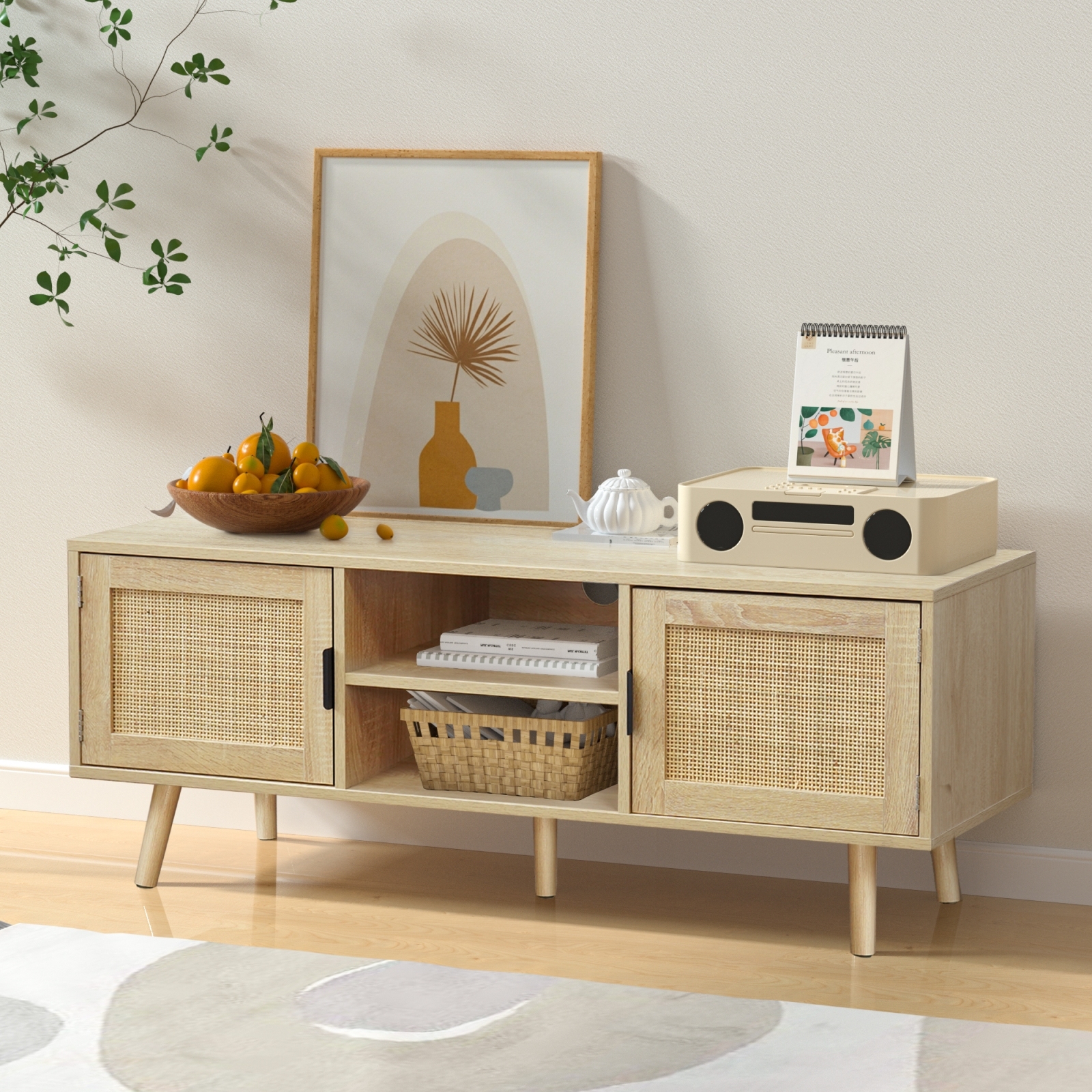 Anmytek Farmhouse Rattan TV Stand Modern Wood Media Entertainment Center Console Table for TVs up to 55 Inches with 2 Doors and 2 Open Shelves, Natural Oak