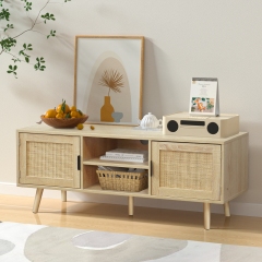 Anmytek Farmhouse Rattan TV Stand for 55 Inches TV Mid Century  Entertainment Center