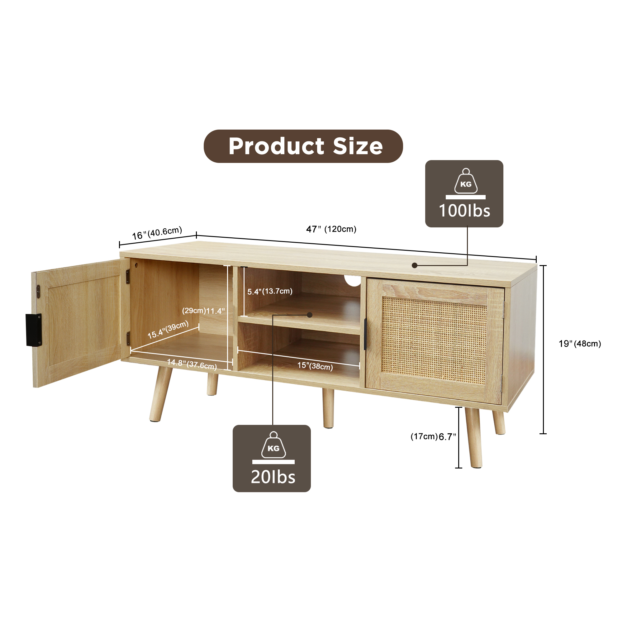 Anmytek Farmhouse Rattan TV Stand Modern Wood Media Entertainment Center Console Table for TVs up to 55 Inches with 2 Doors and 2 Open Shelves, Natural Oak