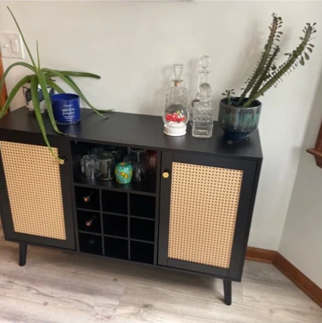 Anmytek Rattan Wine Bar Cabinet 2-Door Farmhouse Liquor Cabinet with Wine Rack and Glass Holder, White Sideboard Buffet Storage, Modern Wooden Coffee Bar Cabinet for Living Dining Room Kitchen