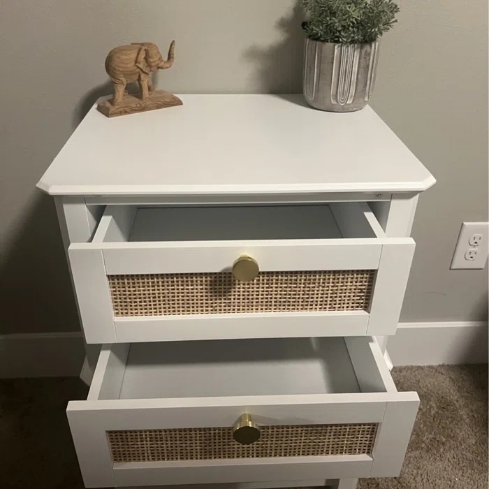Anmytek Farmhouse Night Stand, Wood Bedside Table with 2 Drawers, Natural Rattan Nightstand, White End Side Table, Night Stand Cabinet for Living Room Bedroom