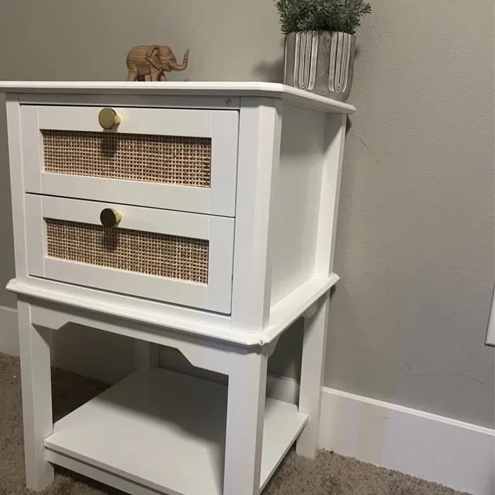 Anmytek Farmhouse Night Stand, Wood Bedside Table with 2 Drawers, Natural Rattan Nightstand, White End Side Table, Night Stand Cabinet for Living Room Bedroom