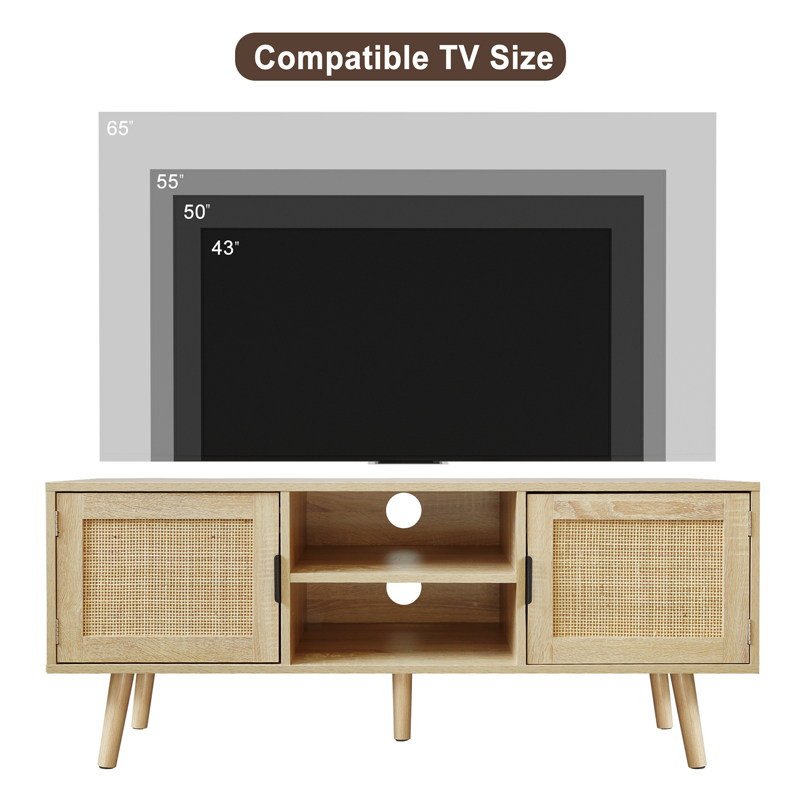Anmytek Farmhouse Rattan TV Stand Modern Wood Media Entertainment Center Console Table for TVs up to 55 Inches with 2 Doors and 2 Open Shelves, Natural Oak
