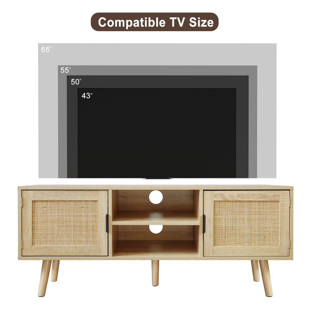 Anmytek Farmhouse Rattan TV Stand Modern Wood Media Entertainment Center Console Table for TVs up to 55 Inches with 2 Doors and 2 Open Shelves, Natural Oak