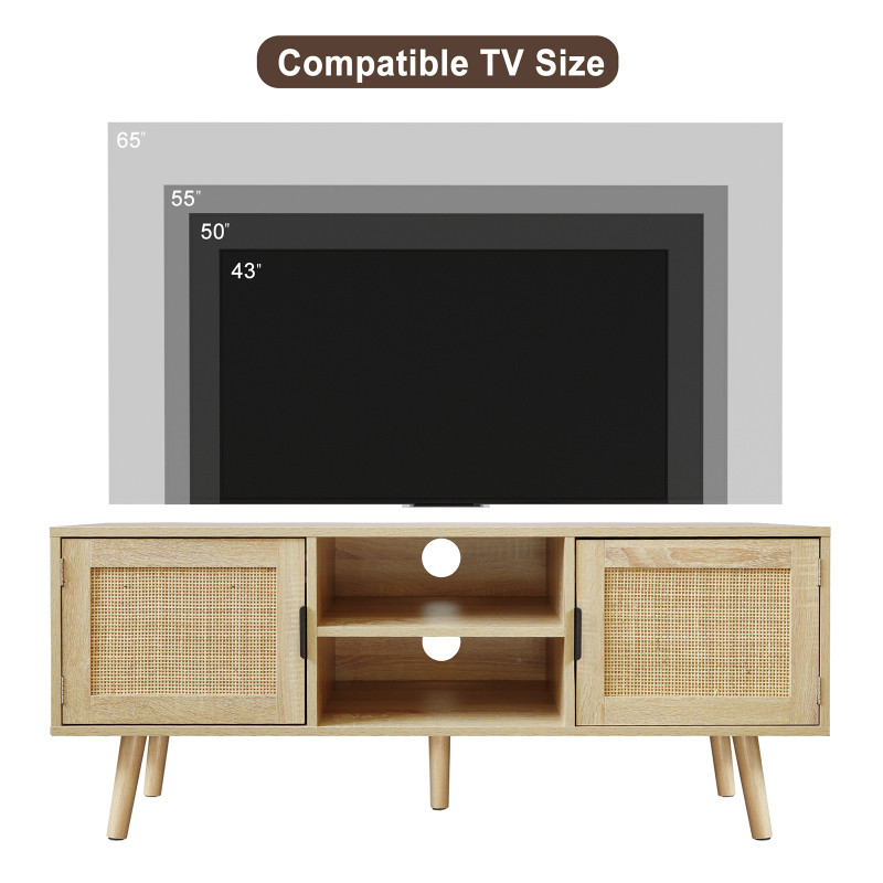 Anmytek Farmhouse Rattan TV Stand Modern Wood Media Entertainment Center Console Table for TVs up to 55 Inches with 2 Doors and 2 Open Shelves, Natural Oak