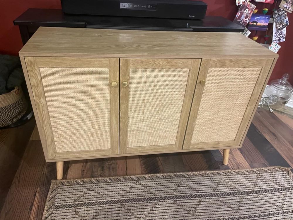 Anmytek Farmhouse Buffet Cabinet, Sideboard Cabinet with 3 Rattan Doors, Kitchen Boho Accent Cabinets Storage, Bar Cabinets for Home, Living Room