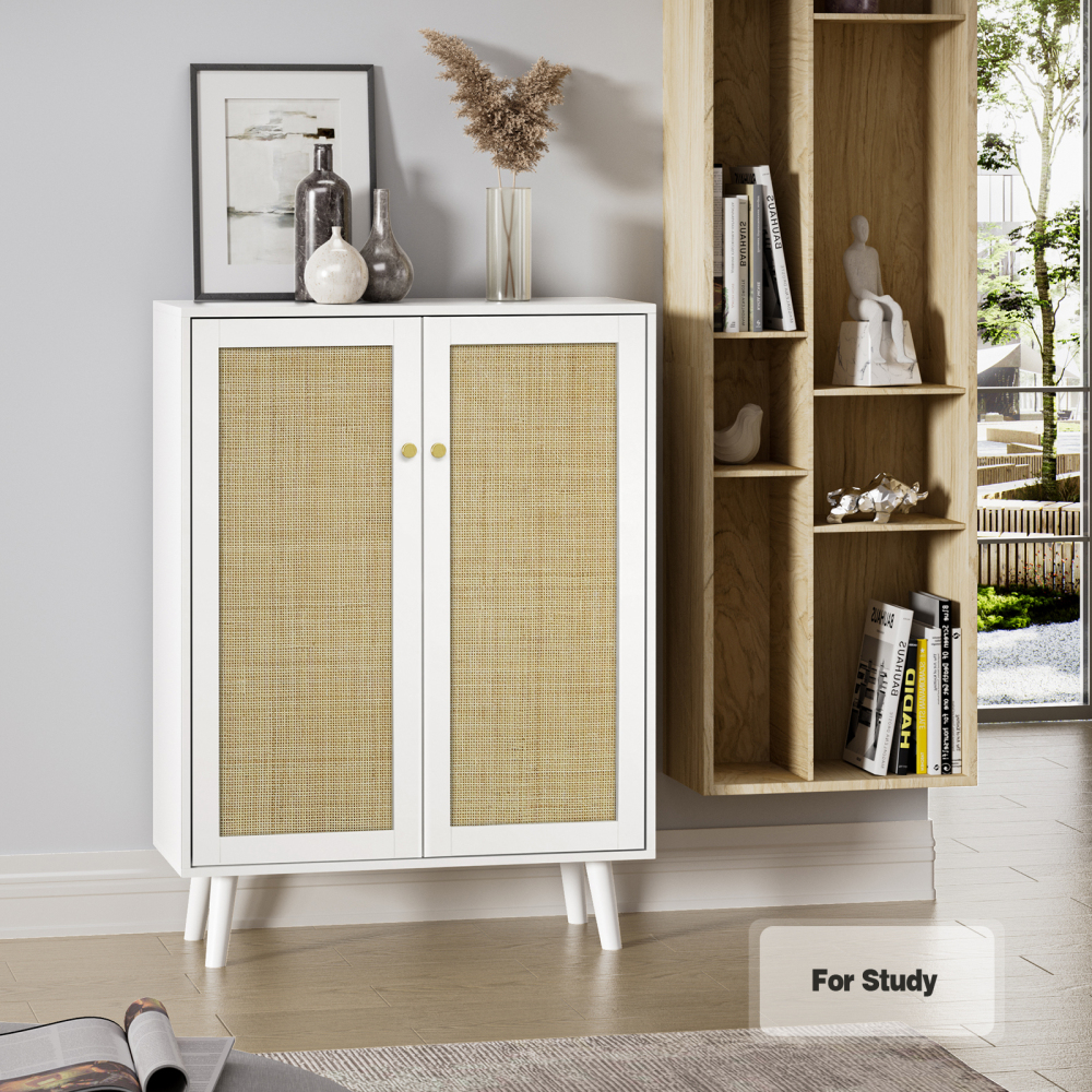Anmytek Rattan Cabinet,Tall Sideboard Storage Cabinet with Crafted Rattan Front, Entry Cabinet Wood 2 Door Accent Cabinet with Adjustable Shelves