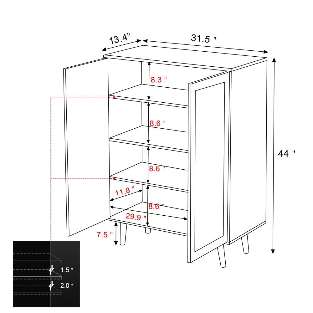 Anmytek Rattan Cabinet,Tall Sideboard Storage Cabinet with Crafted Rattan Front, Entry Cabinet Wood 2 Door Accent Cabinet with Adjustable Shelves