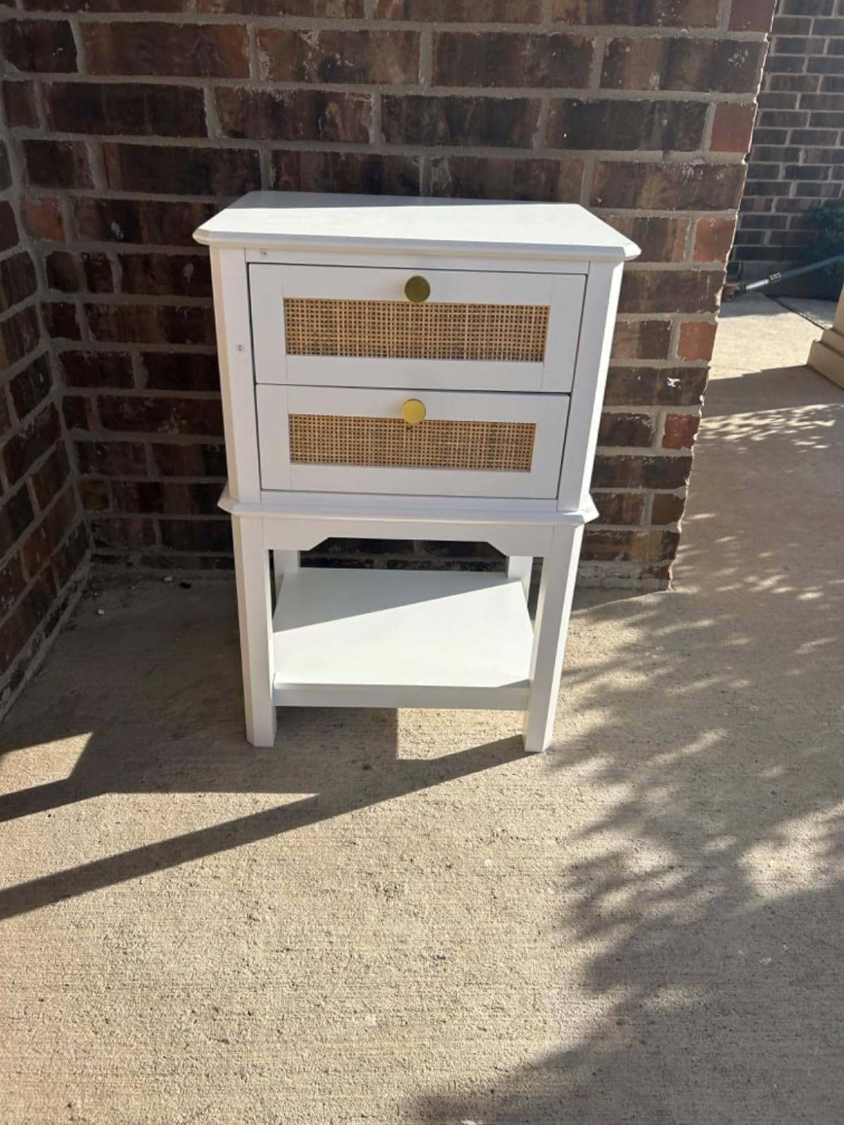 Anmytek Farmhouse Night Stand, Wood Bedside Table with 2 Drawers, Natural Rattan Nightstand, White End Side Table, Night Stand Cabinet for Living Room Bedroom