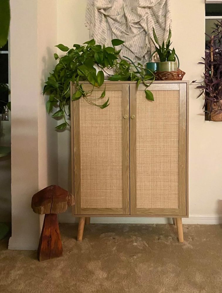 Anmytek Rattan Storage Cabinet with 2 Door and Adjustable Shelves