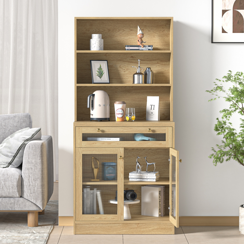 Anmytek 62" H Tall Kitchen Pantry Buffet Storage Cabinet with Drawer,Bathroom Storage Cabinet with Shelves & Glass Doors,Freestanding Hutch Bookcase for Living Room,Home Office,Kitchen