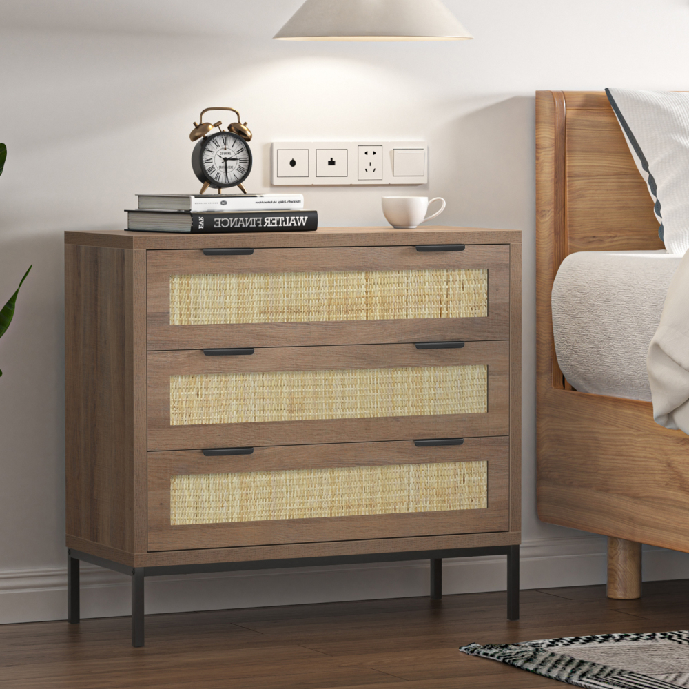 Anmytek 3 Drawer Dresser with Natural Rattan, Large Nightstand for Bedroom, Farmhouse Wood Chest of Drawer with Storage Versatile Bedside Table, Rustic Oak