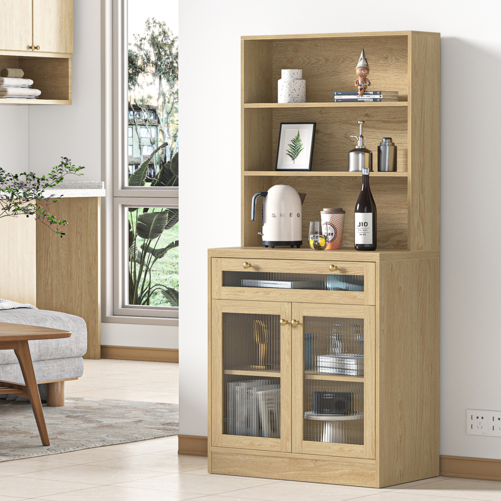 Anmytek 62" H Tall Kitchen Pantry Buffet Storage Cabinet with Drawer,Bathroom Storage Cabinet with Shelves & Glass Doors,Freestanding Hutch Bookcase for Living Room,Home Office,Kitchen