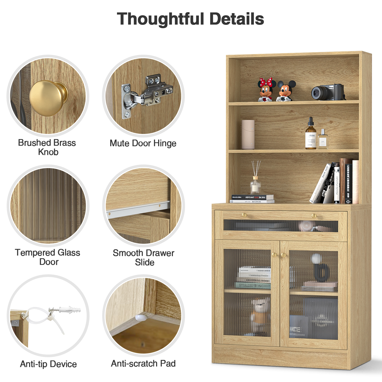 Anmytek 62" H Tall Kitchen Pantry Buffet Storage Cabinet with Drawer,Bathroom Storage Cabinet with Shelves & Glass Doors,Freestanding Hutch Bookcase for Living Room,Home Office,Kitchen