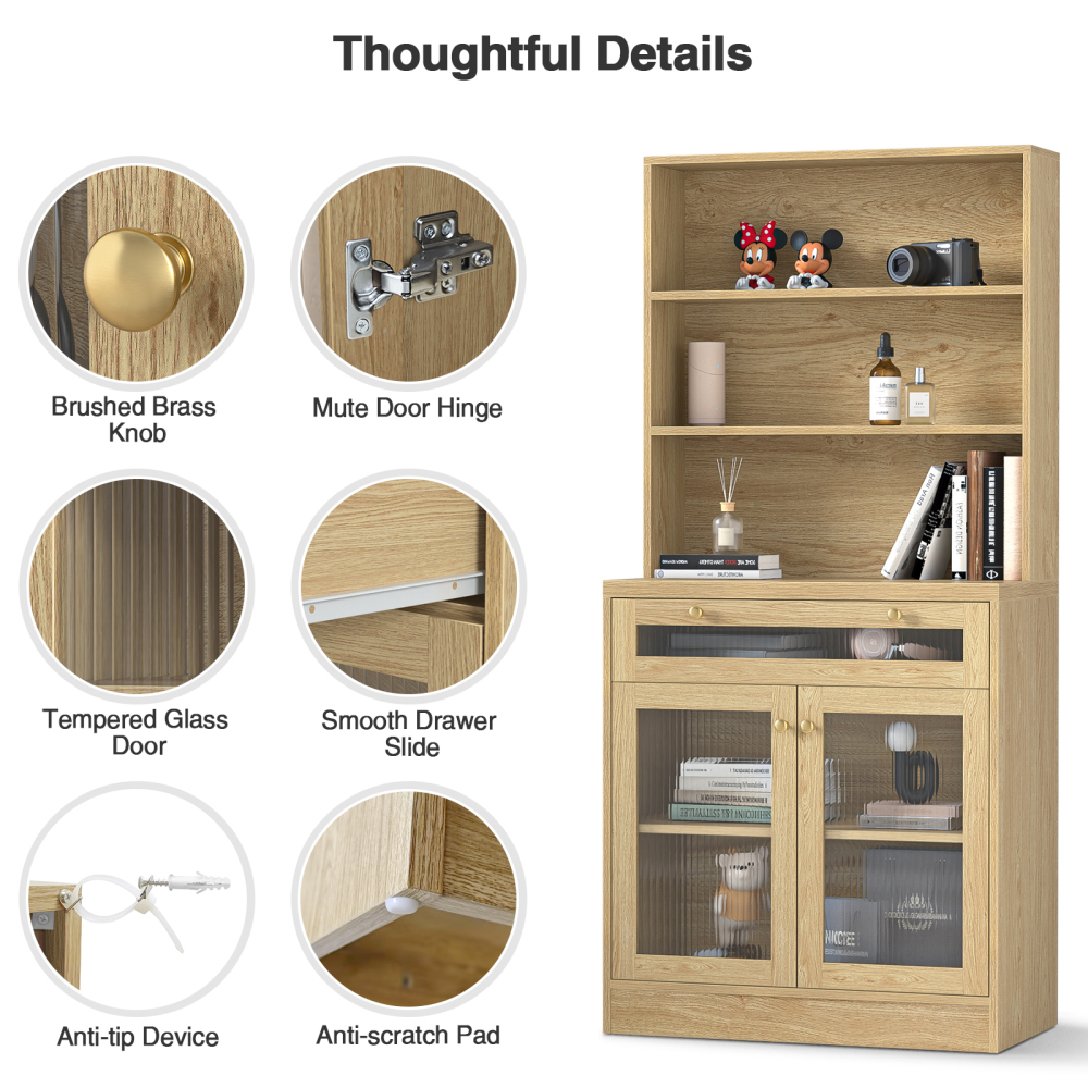 Anmytek 62" H Tall Kitchen Pantry Buffet Storage Cabinet with Drawer,Bathroom Storage Cabinet with Shelves & Glass Doors,Freestanding Hutch Bookcase for Living Room,Home Office,Kitchen