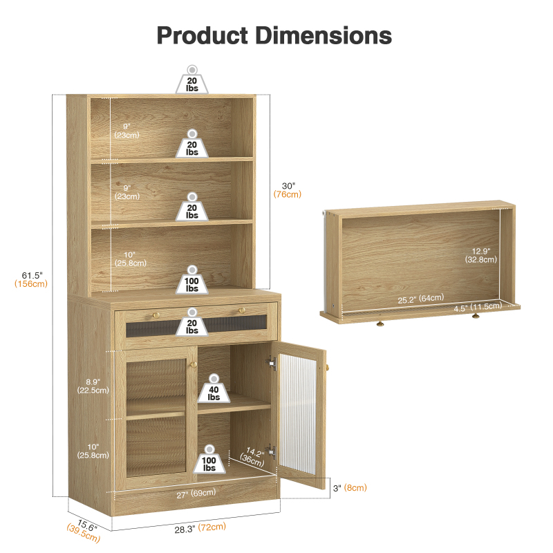 Anmytek 62" H Tall Kitchen Pantry Buffet Storage Cabinet with Drawer,Bathroom Storage Cabinet with Shelves & Glass Doors,Freestanding Hutch Bookcase for Living Room,Home Office,Kitchen