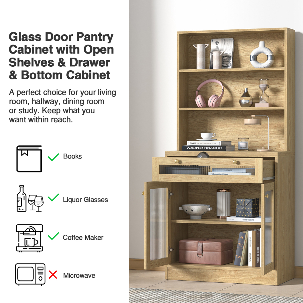 Anmytek 62" H Tall Kitchen Pantry Buffet Storage Cabinet with Drawer,Bathroom Storage Cabinet with Shelves & Glass Doors,Freestanding Hutch Bookcase for Living Room,Home Office,Kitchen