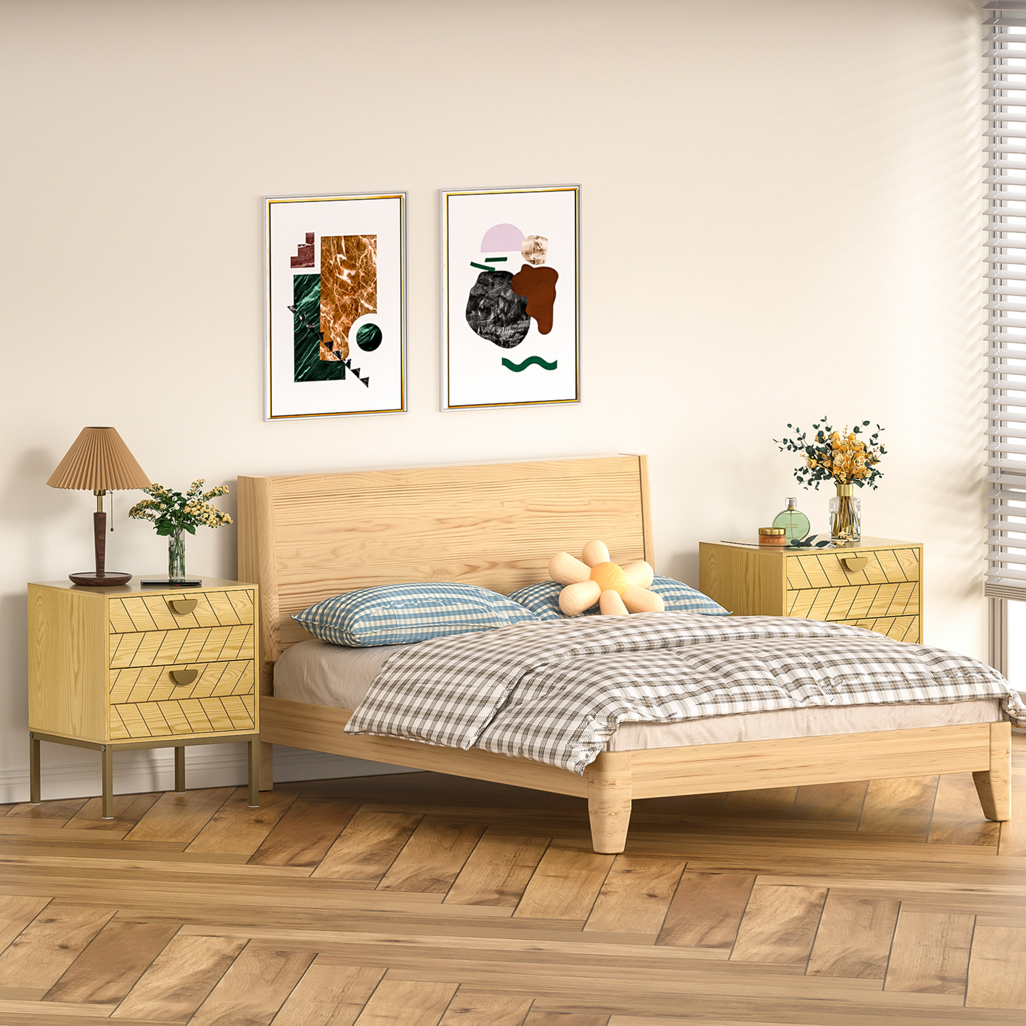 Anmytek Wood Nightstand with 2 Drawers, Modern Night Stand with Gold Metal Legs & Handles, Wood Bedside Table for Bedroom