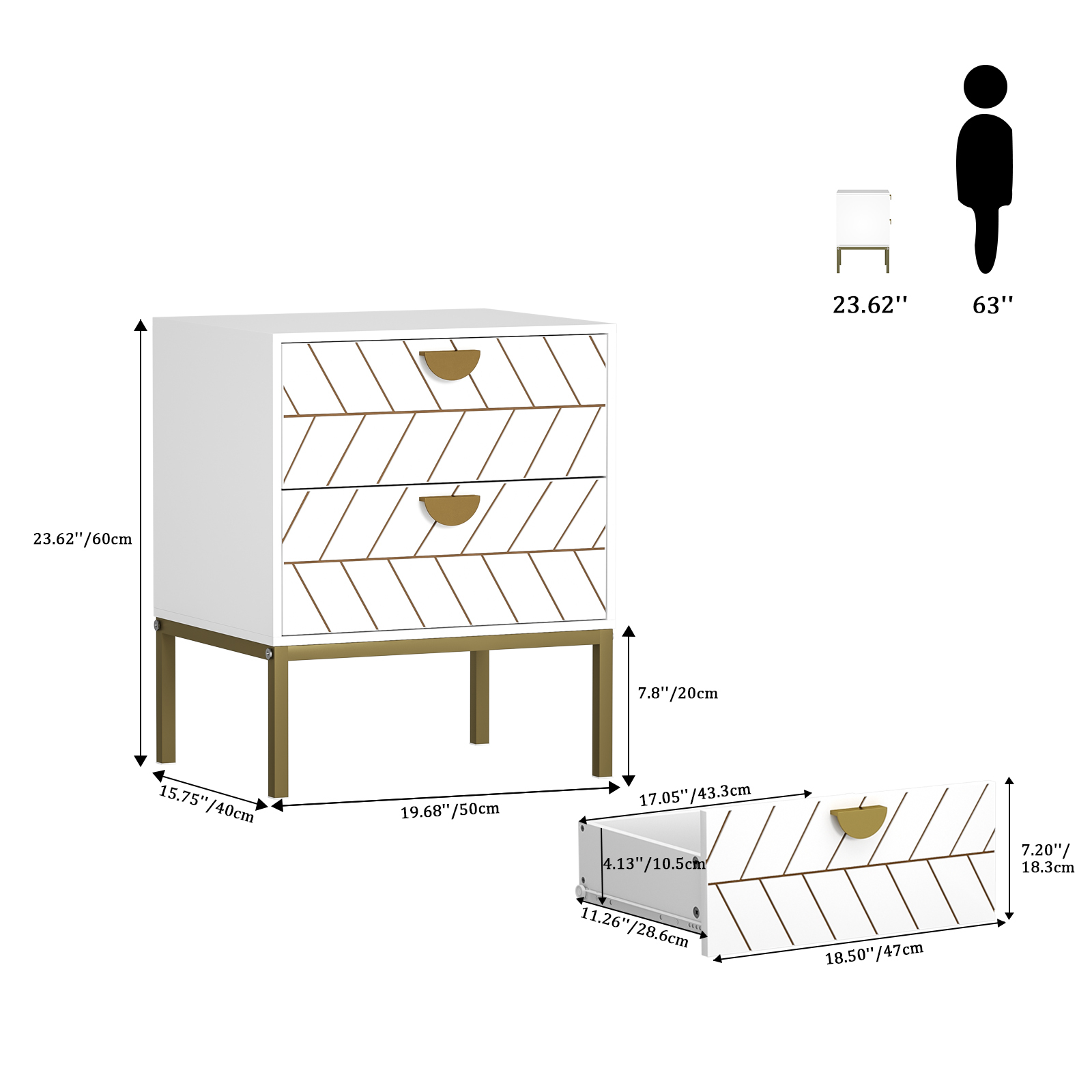 Anmytek Wood Nightstand with 2 Drawers, Modern Night Stand with Gold Metal Legs & Handles, Wood Bedside Table for Bedroom