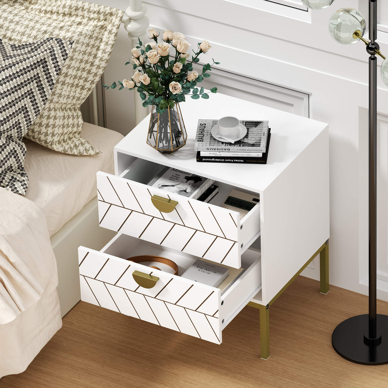 Anmytek Wood Nightstand with 2 Drawers, Modern Night Stand with Gold Metal Legs & Handles, Wood Bedside Table for Bedroom