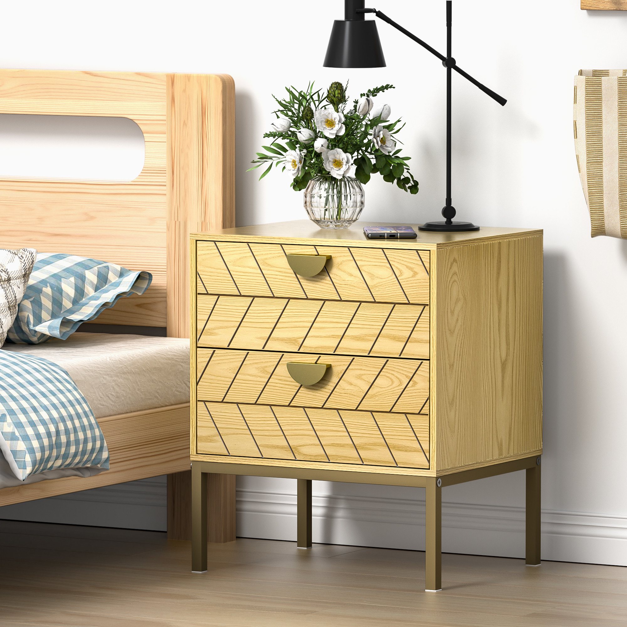 Anmytek White Night Stand with 2 Drawers, Modern Nightstand with Gold Solid Metal Legs & Handles, Wood Bedside Table for Bedroom