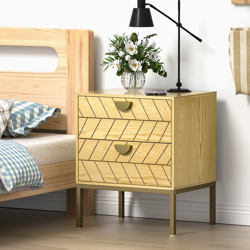 Anmytek White Night Stand with 2 Drawers, Modern Nightstand with Gold Solid Metal Legs & Handles, Wood Bedside Table for Bedroom