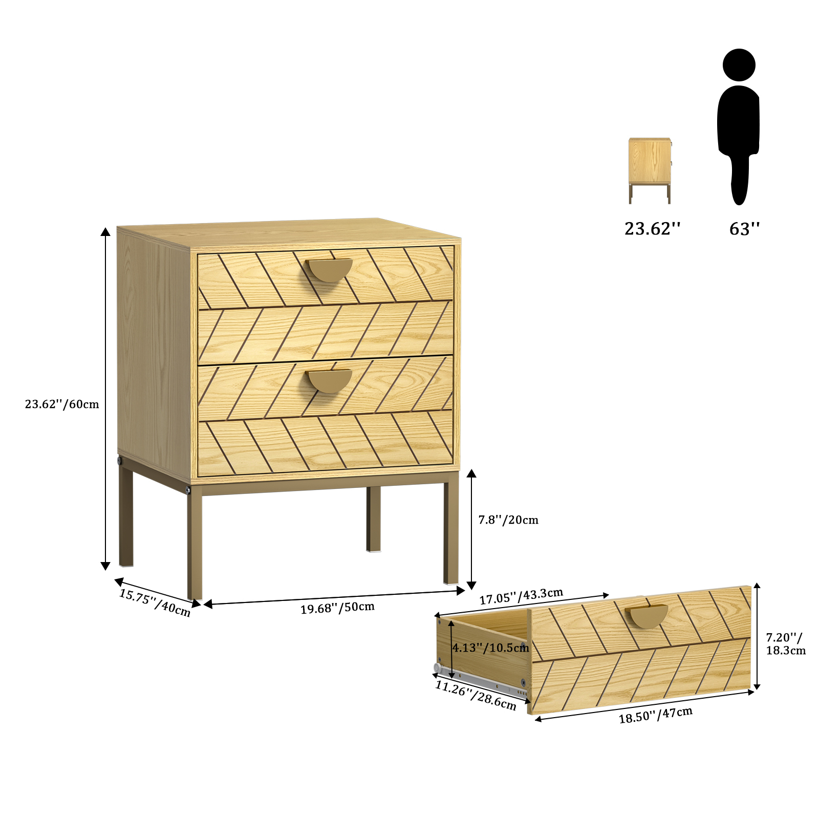 Anmytek Wood Nightstand with 2 Drawers, Modern Night Stand with Gold Metal Legs & Handles, Wood Bedside Table for Bedroom