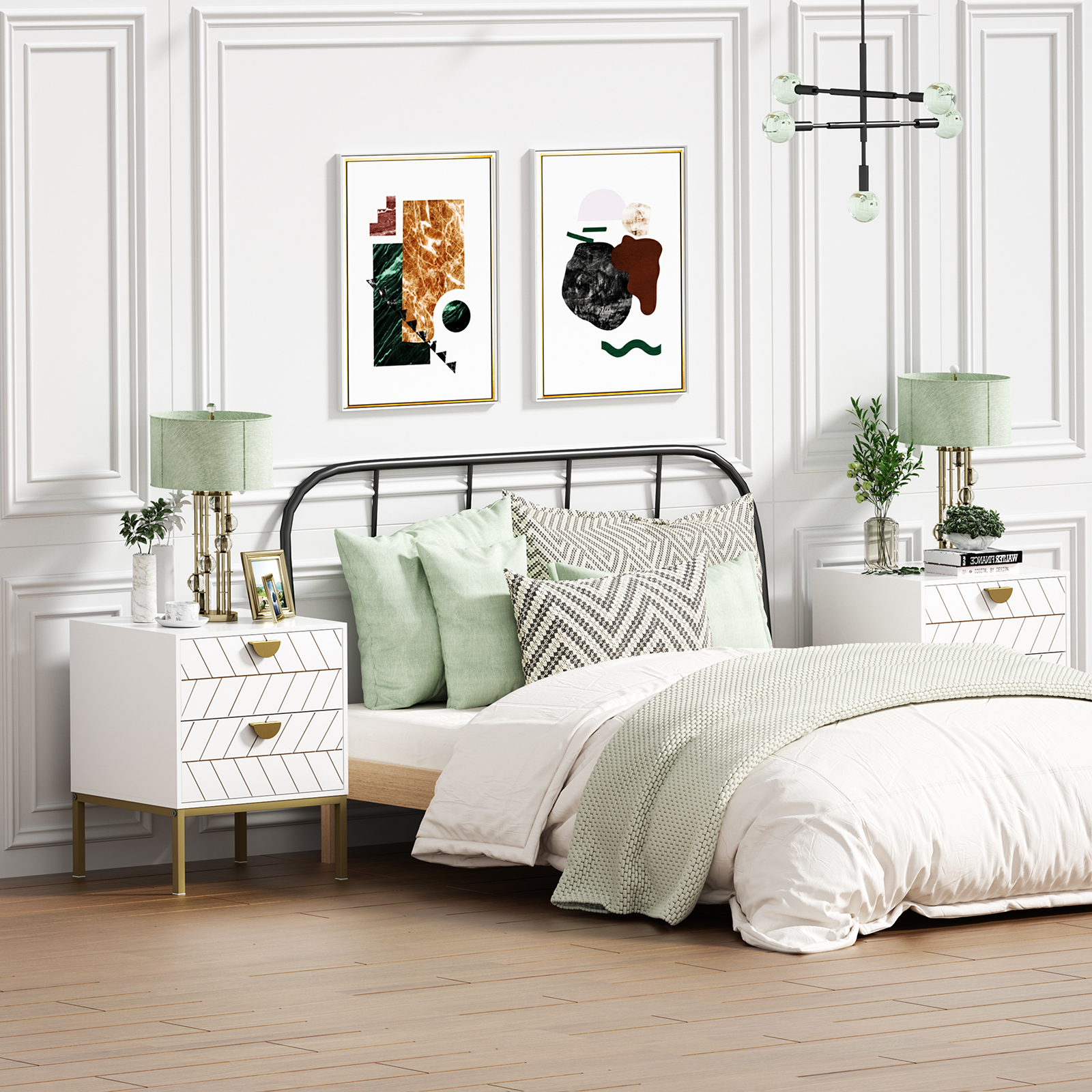 Anmytek Wood Nightstand with 2 Drawers, Modern Night Stand with Gold Metal Legs & Handles, Wood Bedside Table for Bedroom