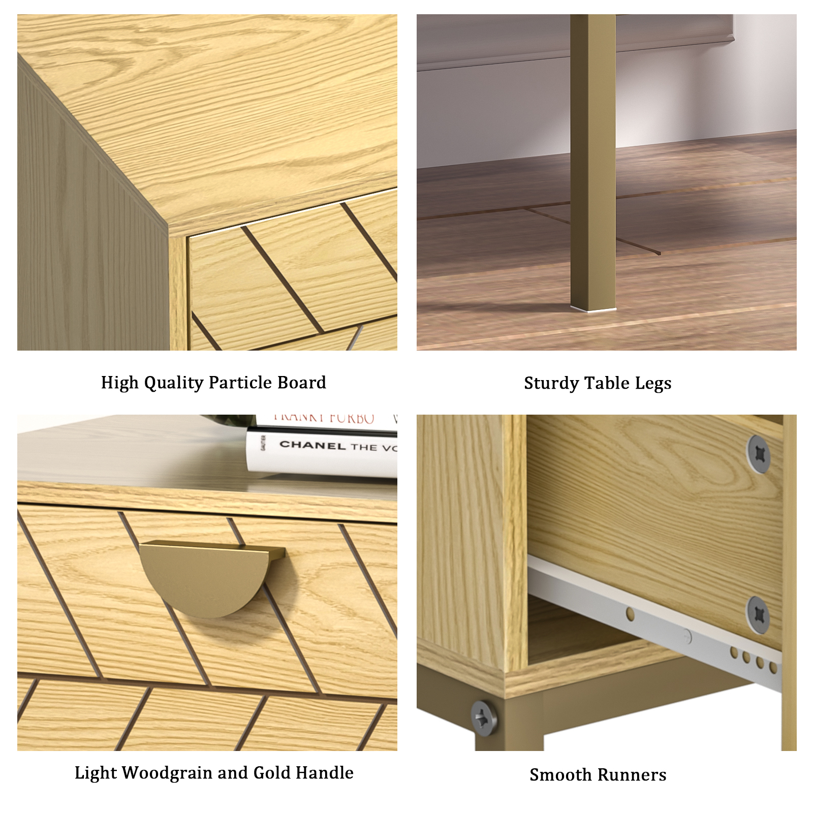 Anmytek Wood Nightstand with 2 Drawers, Modern Night Stand with Gold Metal Legs & Handles, Wood Bedside Table for Bedroom