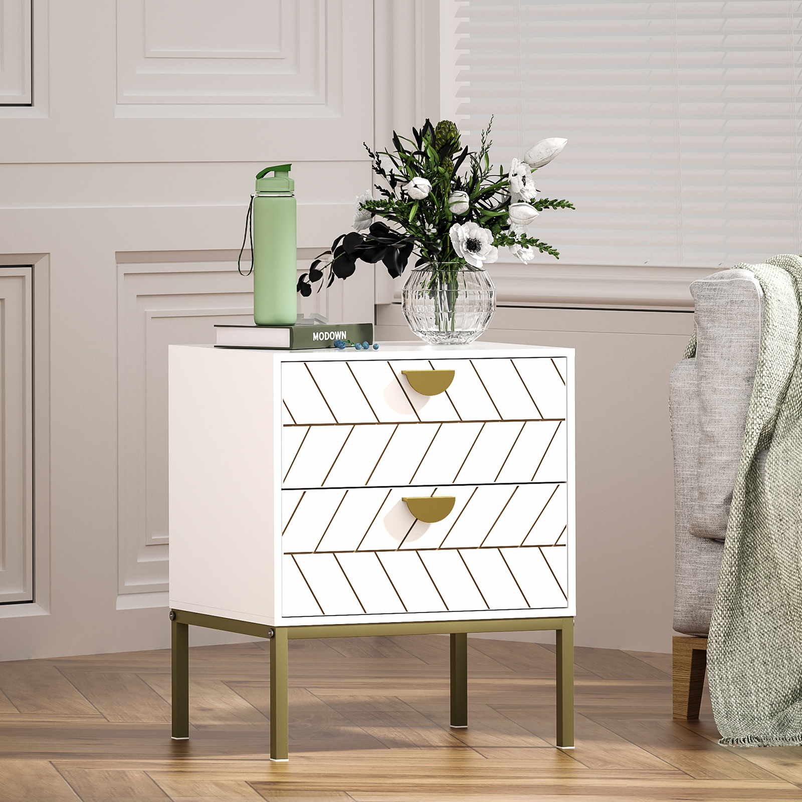 Anmytek Wood Nightstand with 2 Drawers, Modern Night Stand with Gold Metal Legs & Handles, Wood Bedside Table for Bedroom