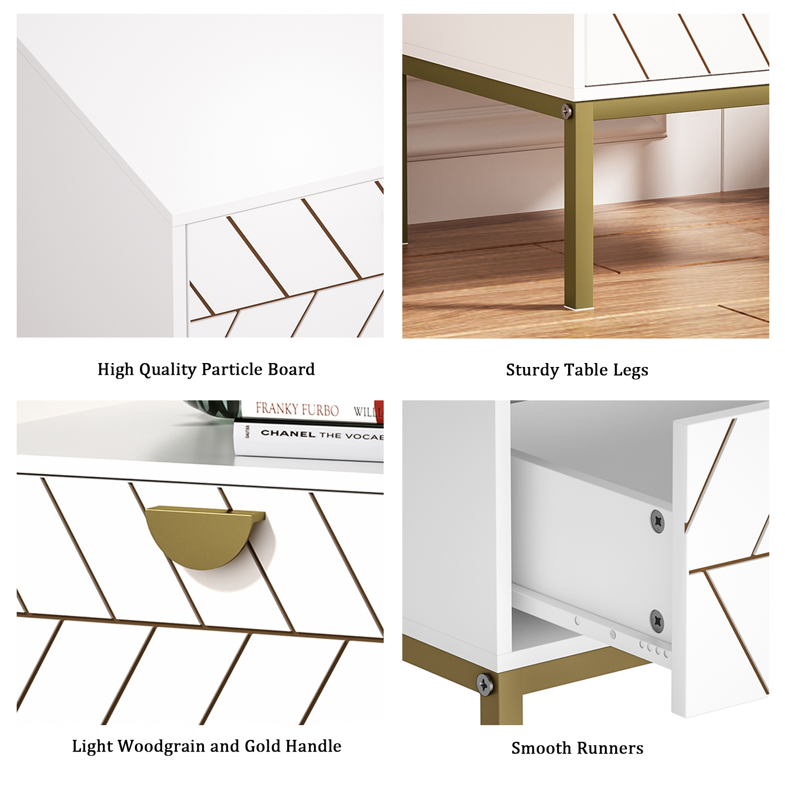 Anmytek Wood Nightstand with 2 Drawers, Modern Night Stand with Gold Metal Legs & Handles, Wood Bedside Table for Bedroom