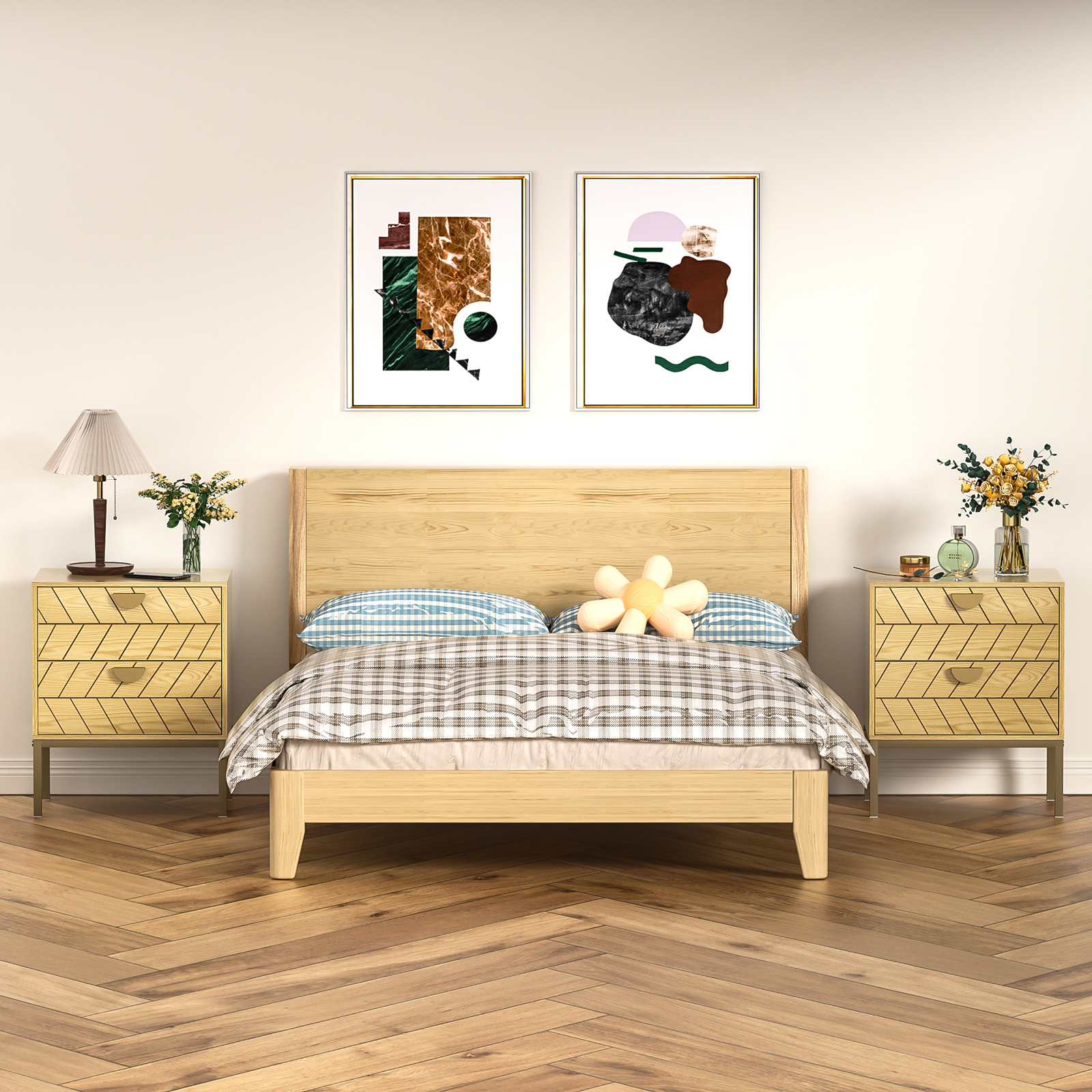 Anmytek Wood Nightstand with 2 Drawers, Modern Night Stand with Gold Metal Legs & Handles, Wood Bedside Table for Bedroom