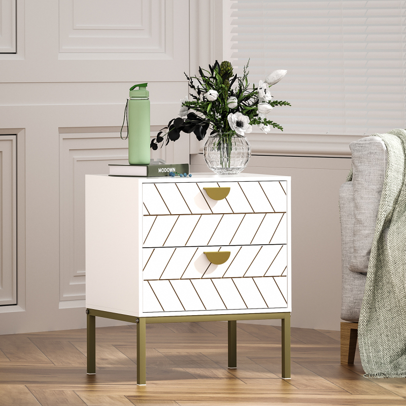 Anmytek White Night Stand with 2 Drawers, Modern Nightstand with Gold Solid Metal Legs & Handles, Wood Bedside Table for Bedroom