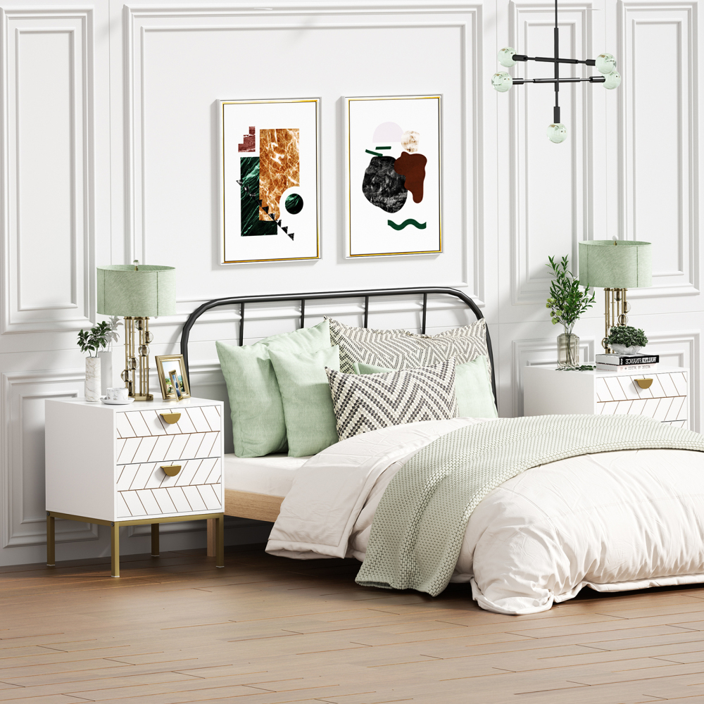 Anmytek White Night Stand with 2 Drawers, Modern Nightstand with Gold Solid Metal Legs & Handles, Wood Bedside Table for Bedroom