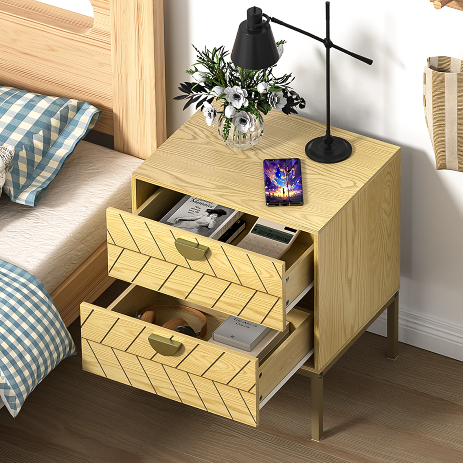 Anmytek White Night Stand with 2 Drawers, Modern Nightstand with Gold Solid Metal Legs & Handles, Wood Bedside Table for Bedroom
