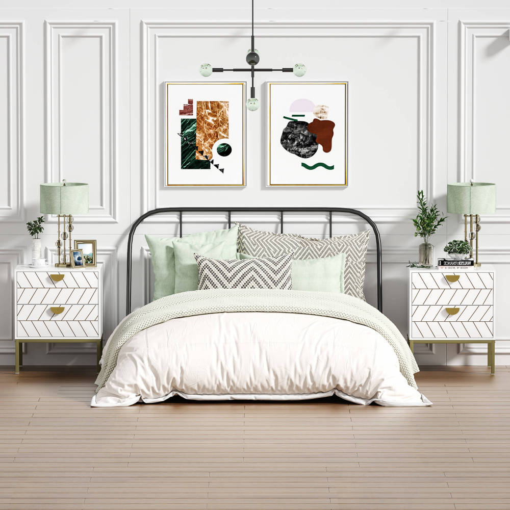 Anmytek Wood Nightstand with 2 Drawers, Modern Night Stand with Gold Metal Legs & Handles, Wood Bedside Table for Bedroom
