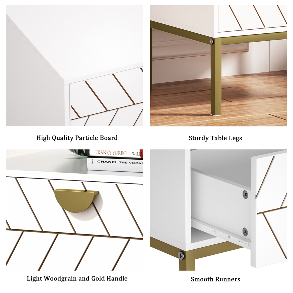 Anmytek White Night Stand with 2 Drawers, Modern Nightstand with Gold Solid Metal Legs & Handles, Wood Bedside Table for Bedroom